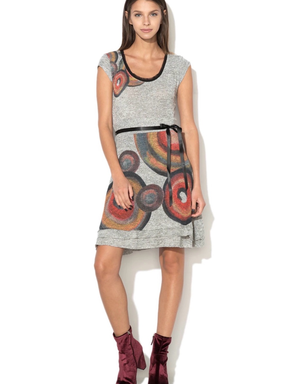 Desigual Gray Knit Dress with Multicolor Circular Accent